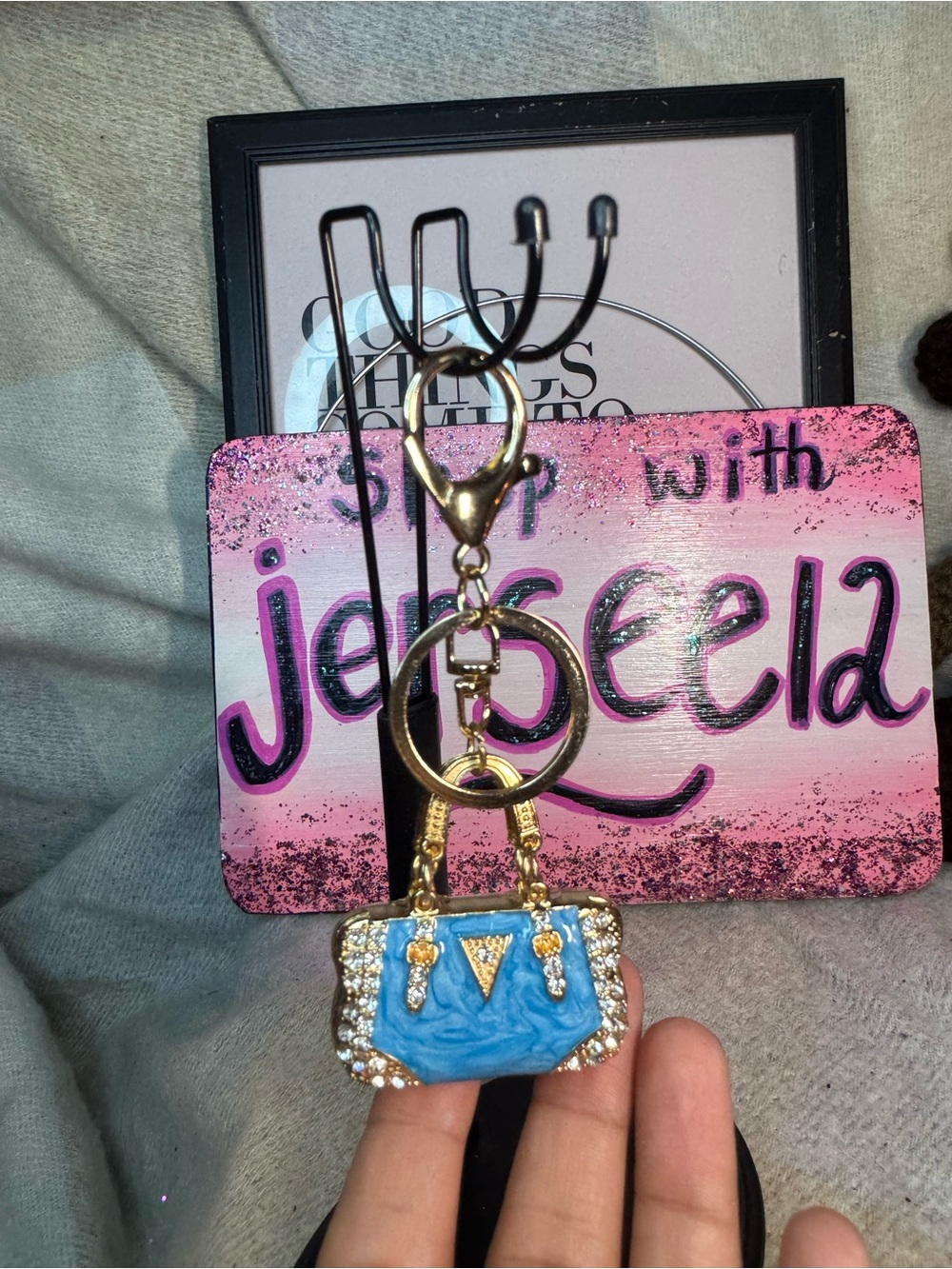 Blue Rhinestone Handbag Keychain